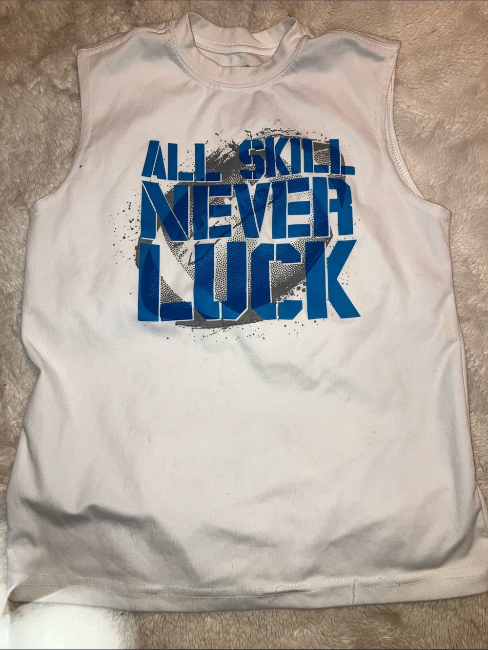 Nike White Tank Top with Blue "All Skill Never Luck" Graphic